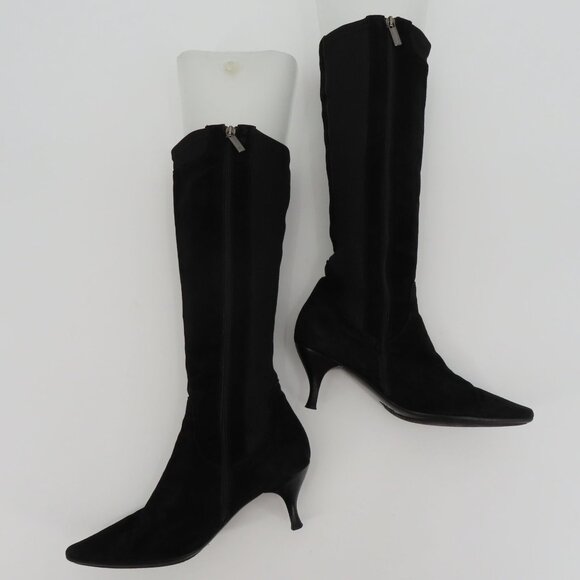 Aquatalia Women 8.5 Black Suede Knit Stretch Kitten Heel Boots Pointed Toe Zip - Picture 13 of 15